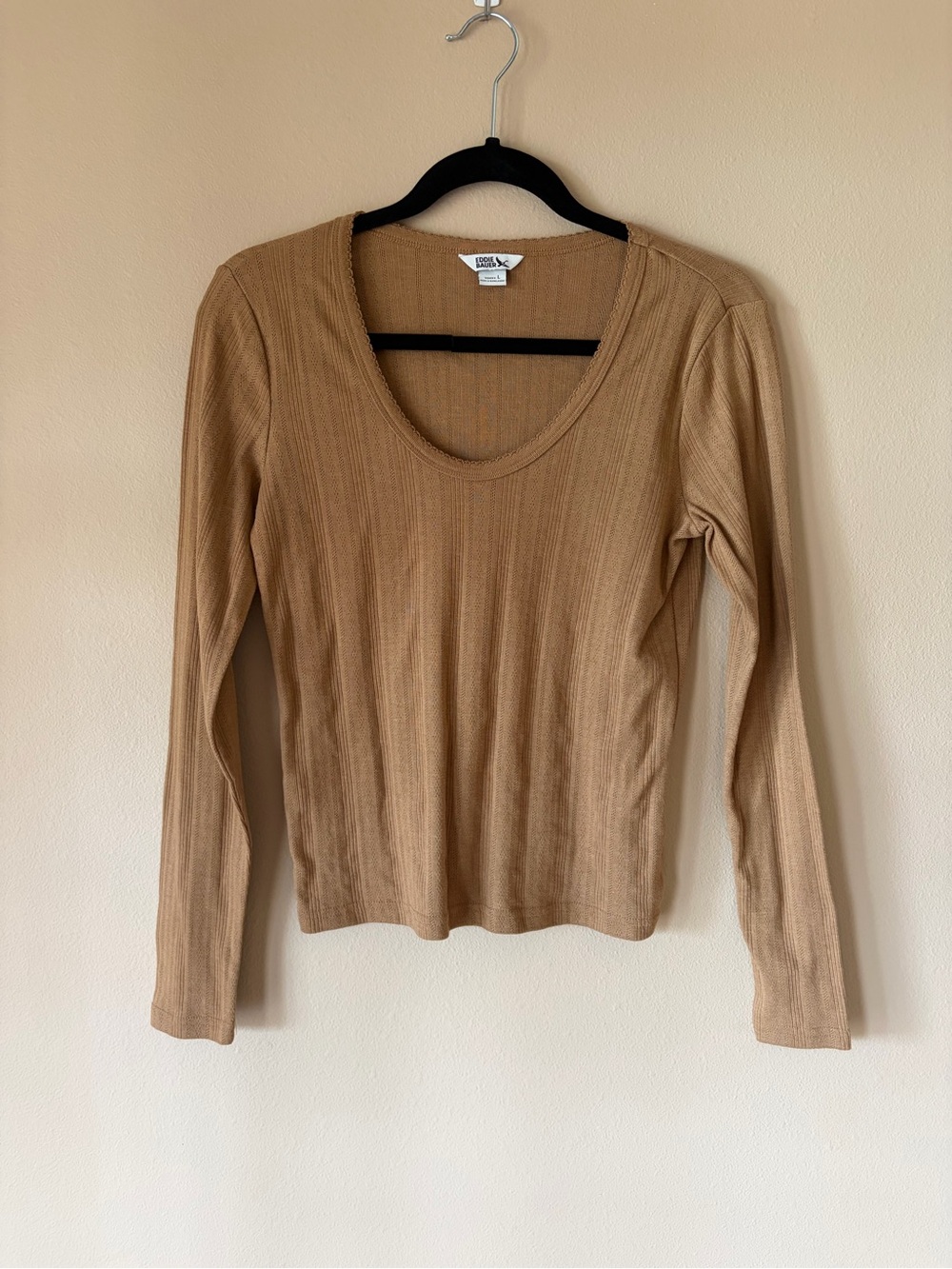 Eddie Bauer Ribbed Scoop Neck Long Sleeve Top - Camel Brown, Like New